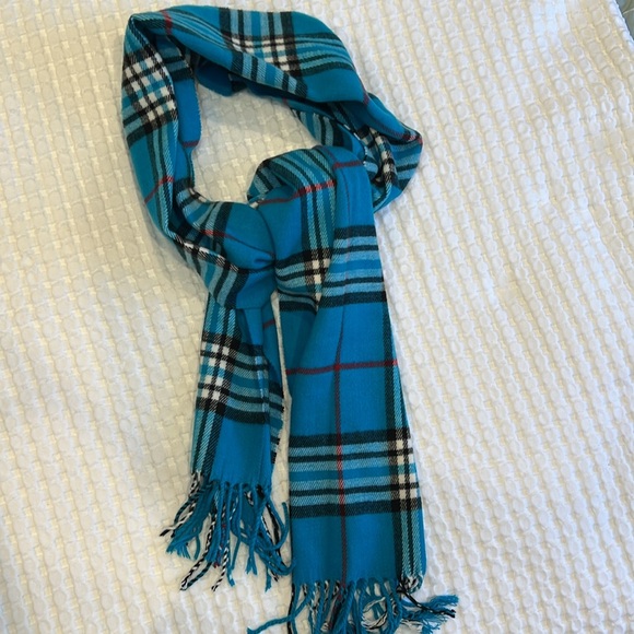 Electric Turquoise Blue Plaid Scarf - Unisex Cashmere Feel Size 12” x 72” - Picture 2 of 5